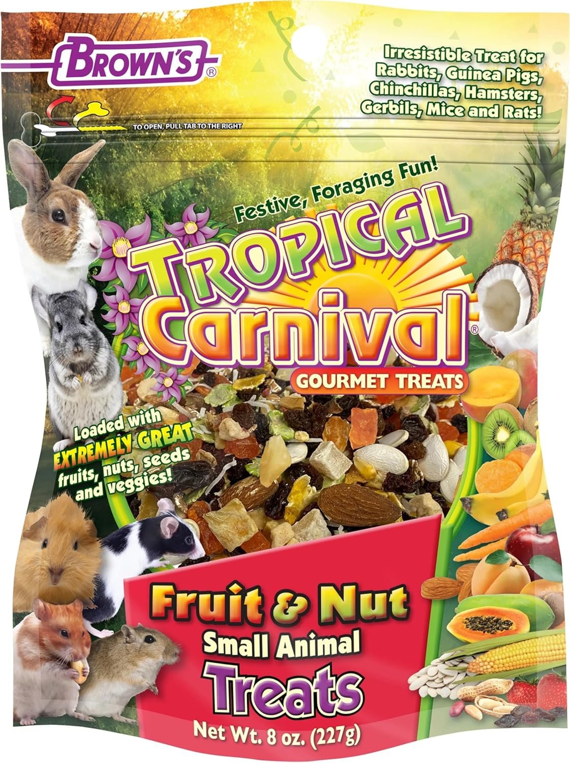 F.M. Brown’s Tropical Carnival, Fruit and Nut Small Animal Treat, Real Fruits, Nuts, and Veggies for Rabbits, Hamsters, Guinea Pigs, Mice, Gerbils, and Rats, 8 oz