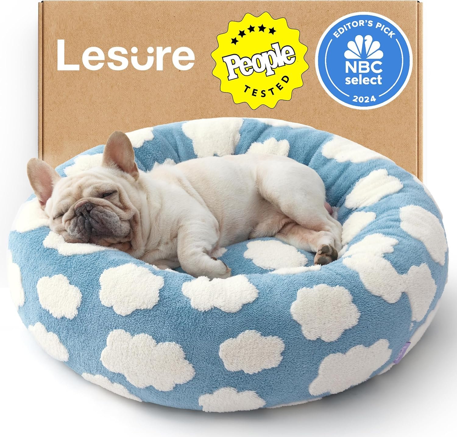 LE SURE Shown on TV Donut Dog Bed Medium Size Dog – Round Cat Beds Indoor as Bed Gift for Calming with Washable Cover, Cute Home Decor Bed with Jacquard Shaggy Plush & Anti Slip Bottom, 30 Inch, Blue