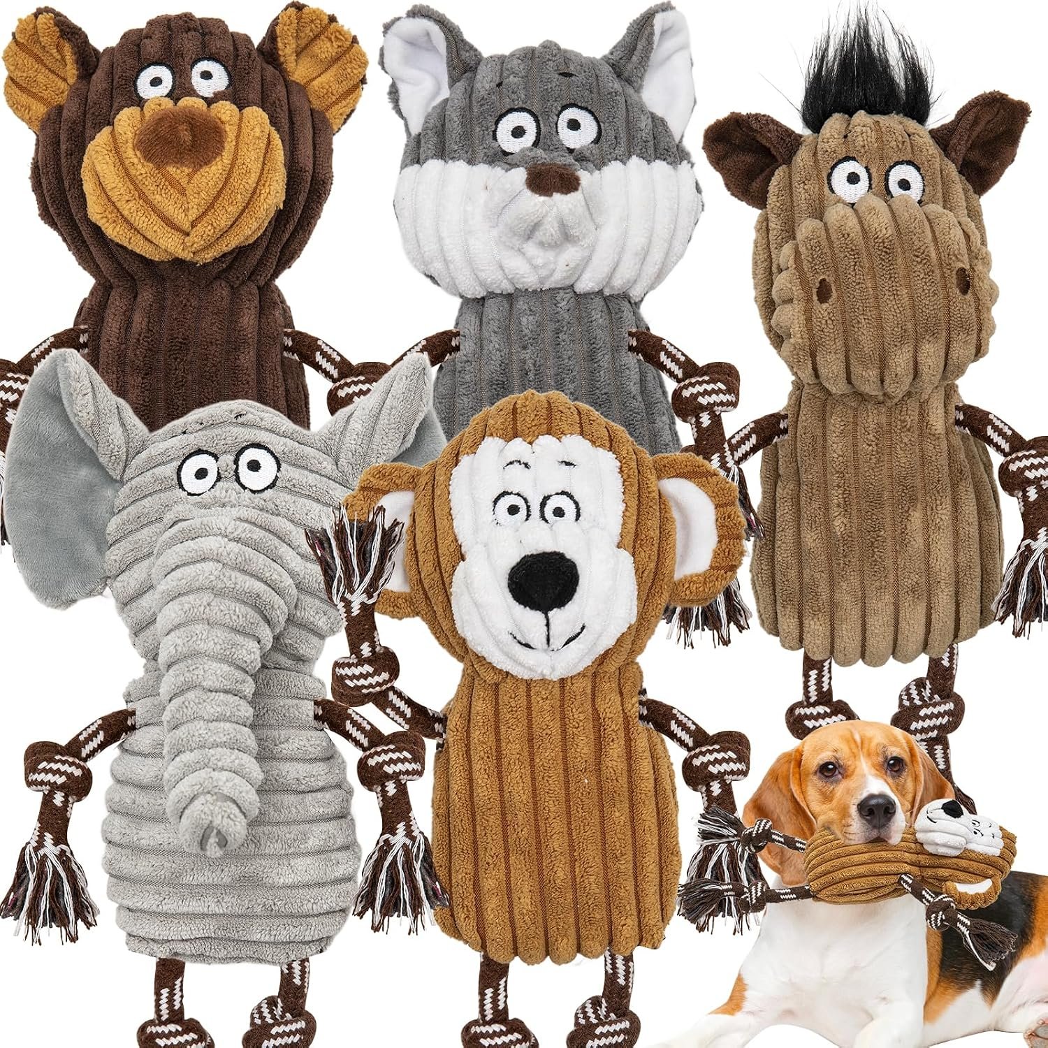 5 pack Large dog Squeaky Toys,Tough Stuffed Plush dog chew Toys Assortment ,Durable plush Animal dog Toys with Tug of War Rope to Keep Them Busy, Puppy Toys Value Bundle for Small Medium Large Dogs