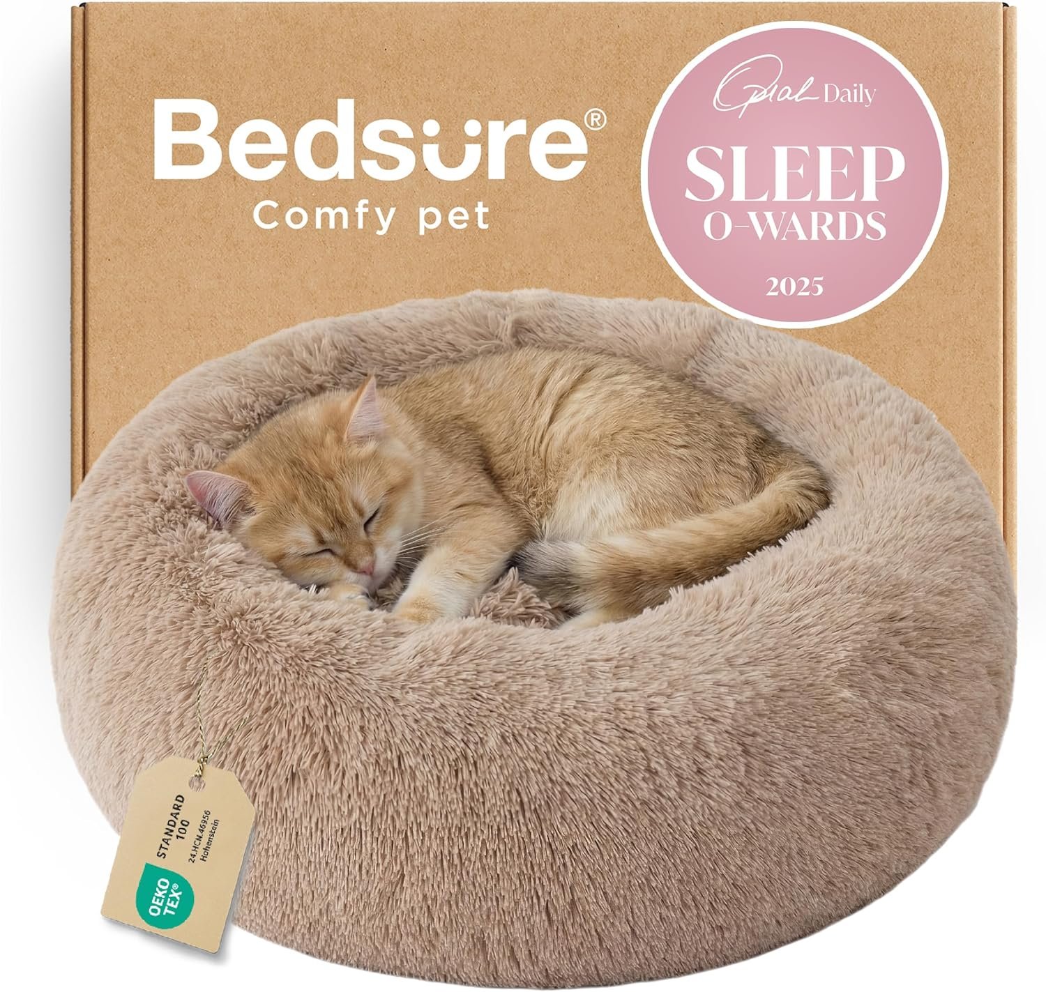 Bedsure Calming Cat Beds for Indoor Cats – Small Cat Bed Washable 20 inches, Anti-Slip Round Fluffy Plush Faux Fur Pet Bed, Fits up to 15 lbs Pets, Camel