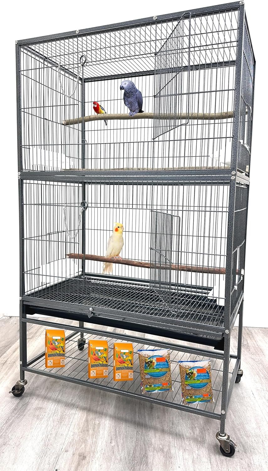 X-Large Sturdy Wrought Iron Breeding Flights Canary Parakeet Cockatiel African Grey Lovebird Finches Parrot Home Cage Double Large Front Doors 4 Side Doors Bottom Storage Shelf On Lockable Wheels
