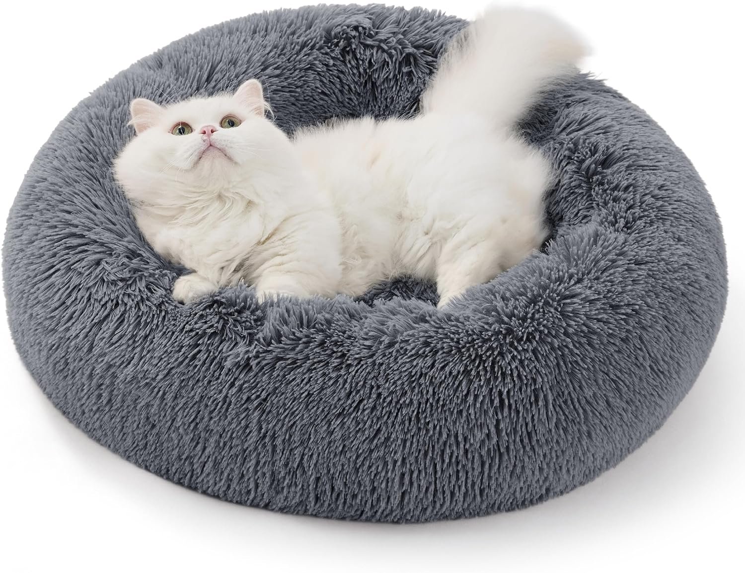 Bedsure Calming Donut Cat Bed – Fluffy Plush Round Pet Bed for Kitten & Puppy, Washable Anti-Anxiety Soft Comfy Cuddler, 20×20 Inches, Grey (Basic Version)
