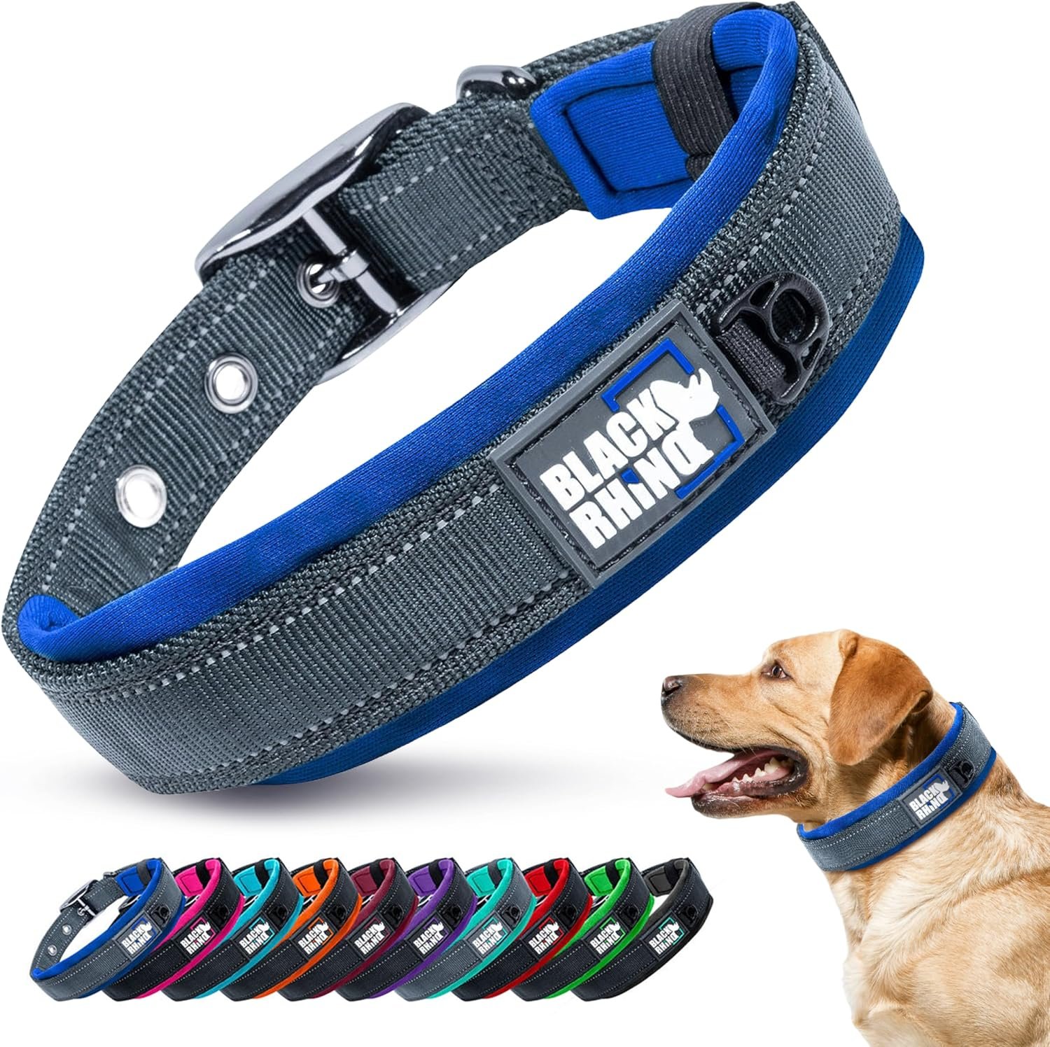 Black Rhino Reflective Dog Collar – Heavy Duty Adjustable Comfort Collar with Ultra Soft Neoprene Padding for All Breeds – Weatherproof, Lightweight Dog Collars for Large Dogs (Large, Blue/Grey)