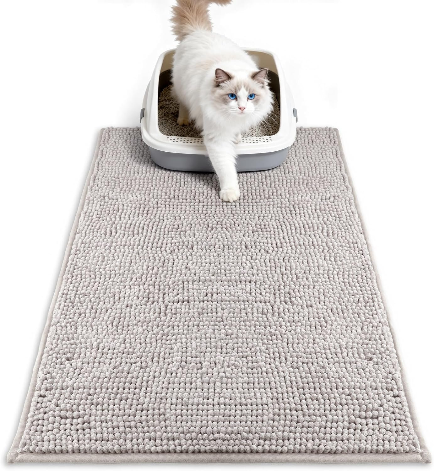 Pieviev Chenille Cat Litter Mat for Litter Box, 28″x22″ Soft Ultra Absorbent Mat, Waterproof & Non-Slip, Easy to Clean Litter Trapping Mat for Indoor Cats, Gray
