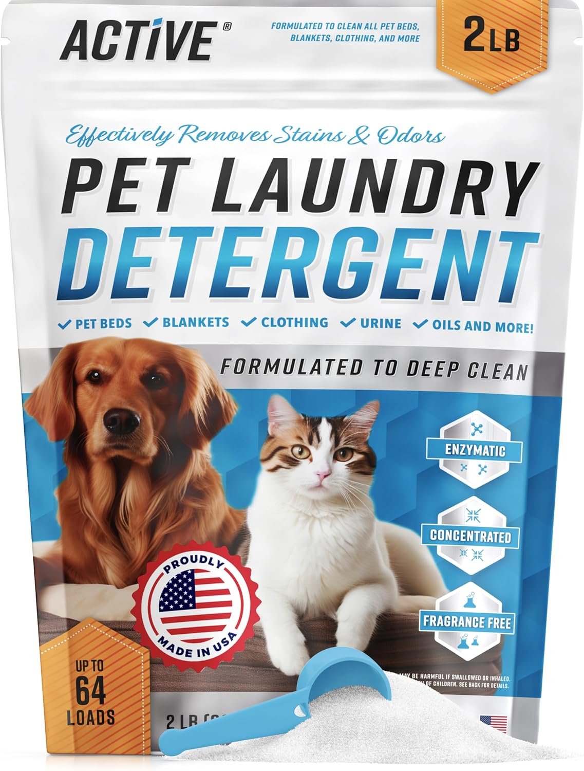 Pet Laundry Detergent Odor Remover – ACTIVE Enzyme Based Powder Detergent for Dogs Beds, Cat Pee, HE Washer Friendly Natural Enzymatic Deodorizer, Urine, Smell, Dog Drool, Stain Eliminator – 64 Loads